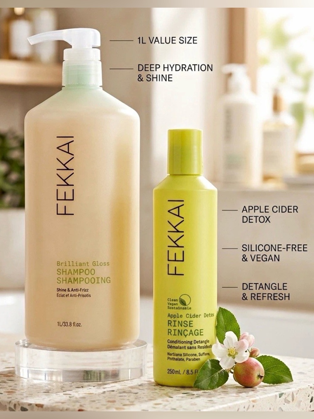Fekkai Brilliant Gloss Shampoo (1 liter) & Apple Cider Detox Rinse 250ml